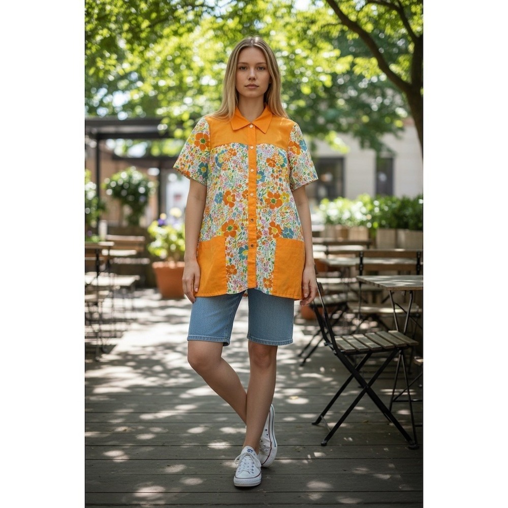 Womens Retro Floral Colorblock Tunic Shirt Dress Snap Front Pockets M lunch lady